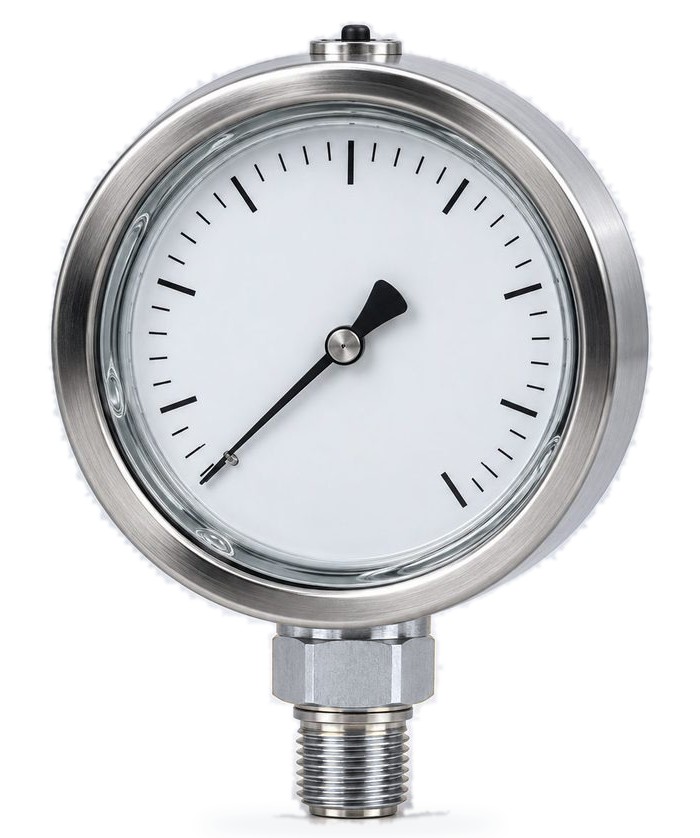Stainless steel liquid-filled pressure gauge on a light studio sweep