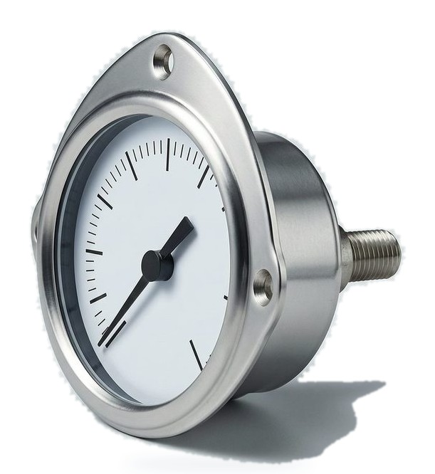 Panel mount pressure gauge with a front bezel flange