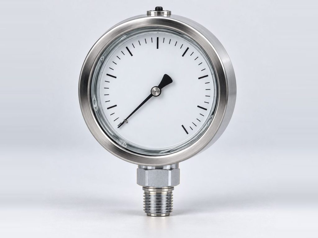 Stainless steel liquid-filled pressure gauge on a light studio sweep
